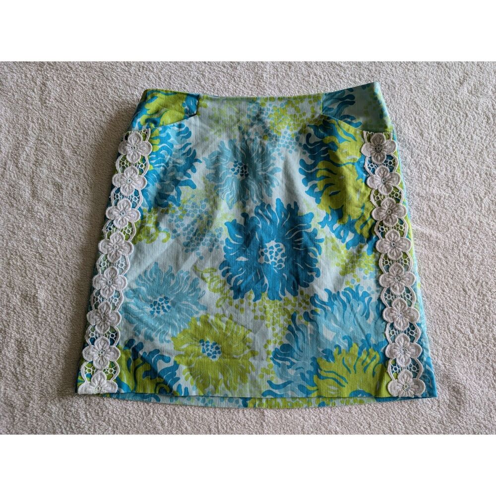 Lilly Pulitzer Floral Mini Skirt Cotton Blue Green White Lace Trim 2